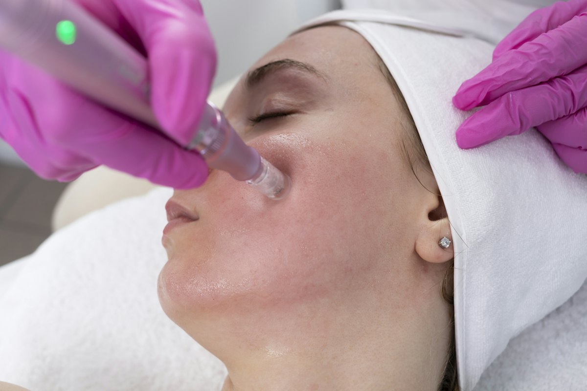 Woman receiving a microneedling facial with regenerative serum